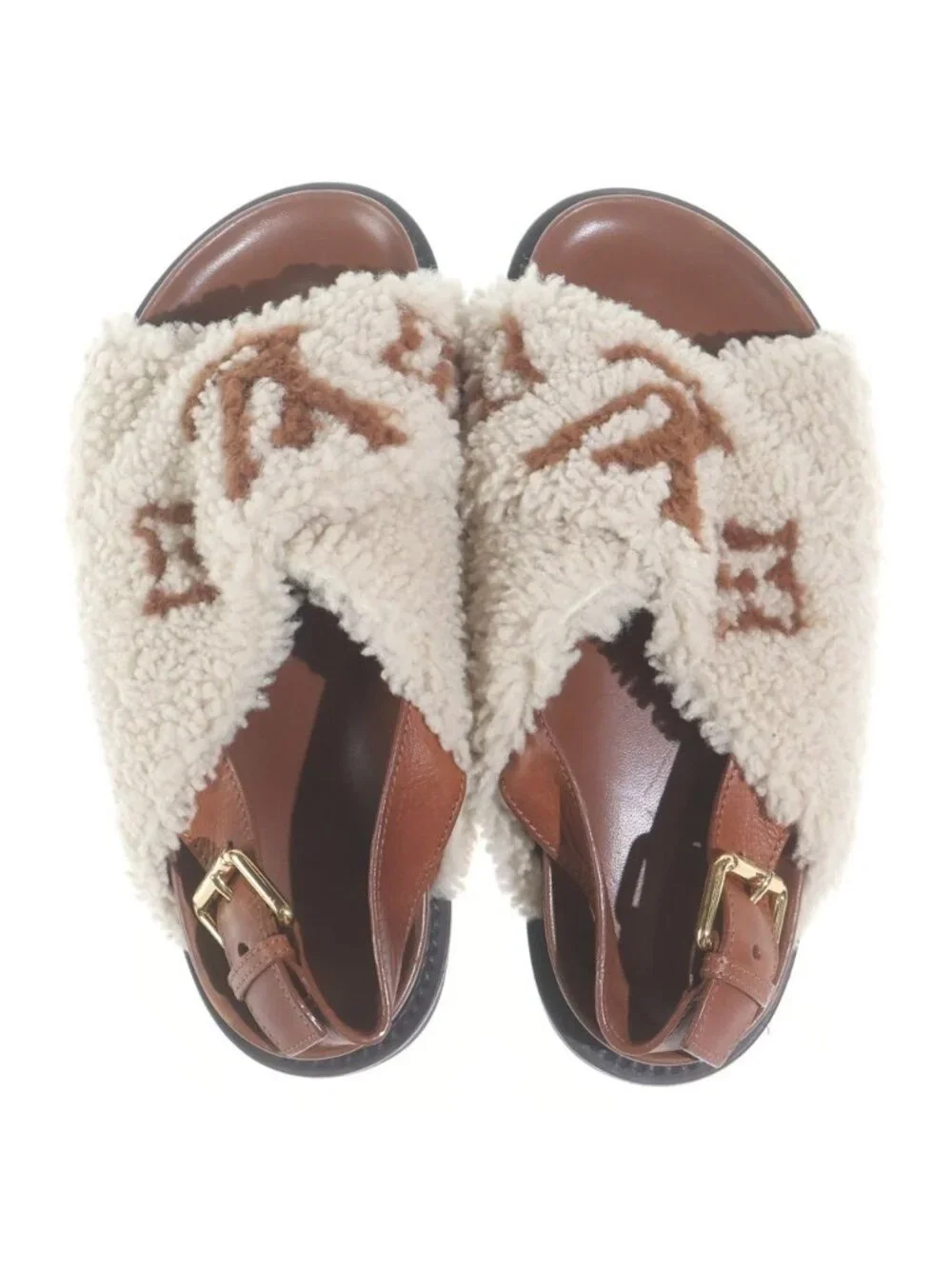 Louis Vuitton Paseo Line Monogram Fleece Shearling Leather Flat Sandals Shoes